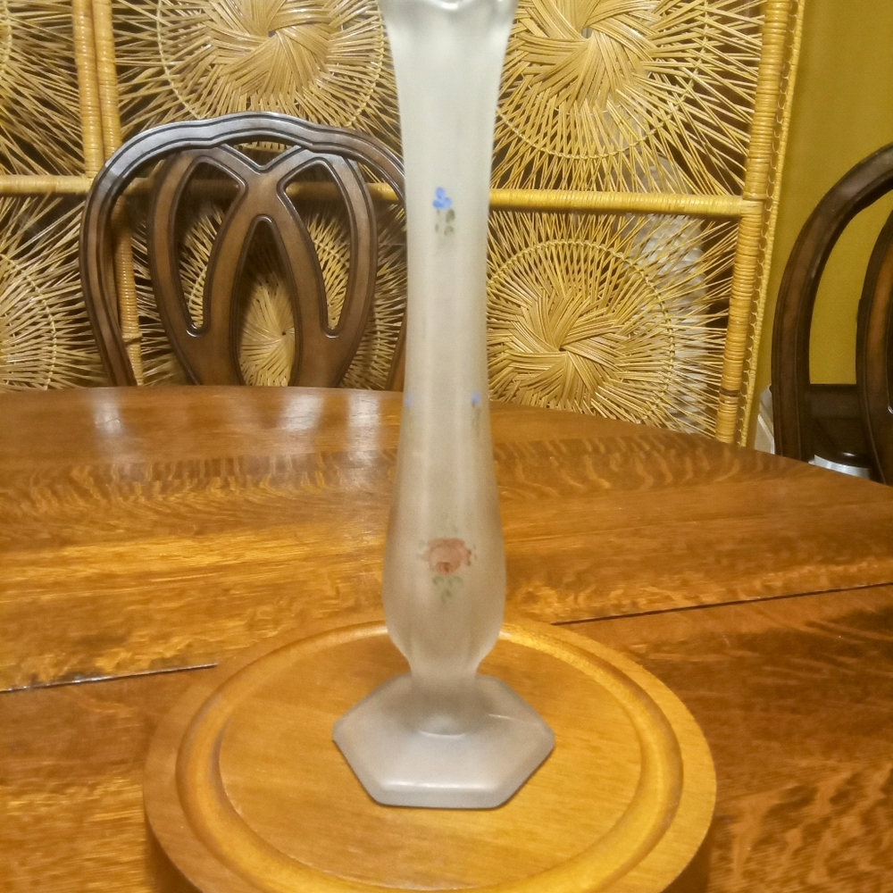 Vintage Westmoreland Glass Frosted Hand Painted Floral Swung Bud Vase